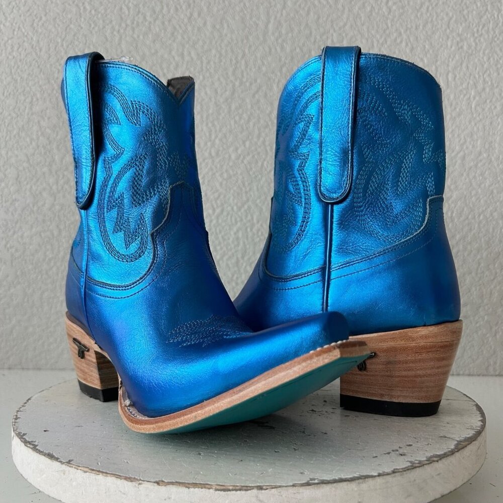Metallic Blue Western-Style Ankle Booties for Women